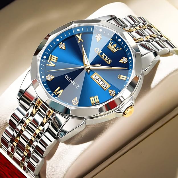 OLEVS Men's Two-Tone Luxury Analog Quartz Watch Blue