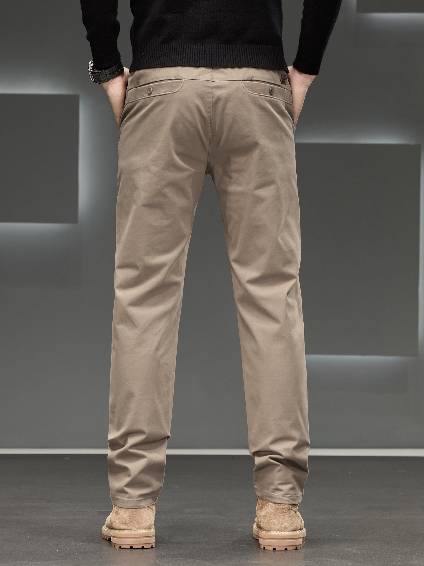 Men's Classic Business Trousers - Lightweight Polyester Straight-Leg Pants For Spring/Fall - Button Details - Non-Elastic Fabric - Solid Color - Regular Fit