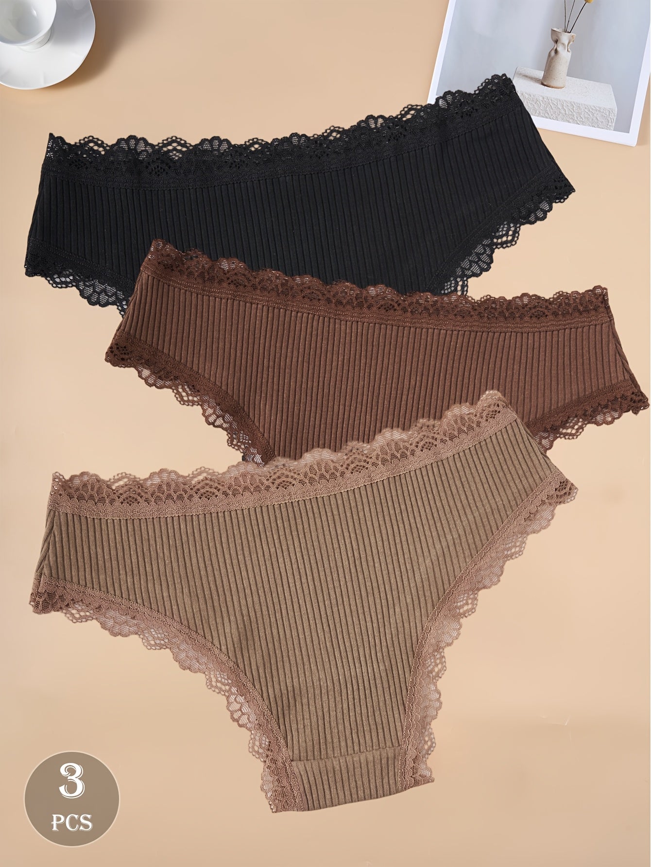 3-Pack Dark Cotton Women's Briefs with Lace Trim and Bow