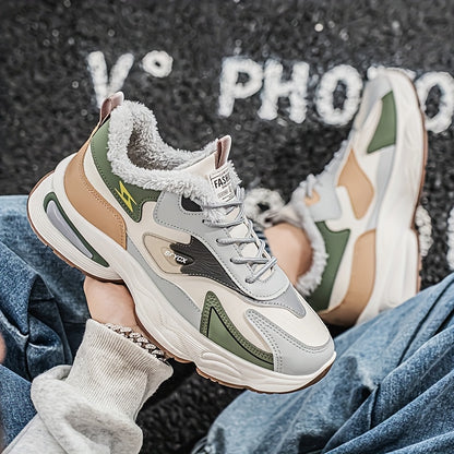 Men's Winter Sneakers with Plush Collar - Beige/Grey/Green PU Upper, Thick Rubber Sole & Traction Tread - Low-Top Lace-Up Warm Shoes for Cold Weather, Casual & Sports (White Accent)