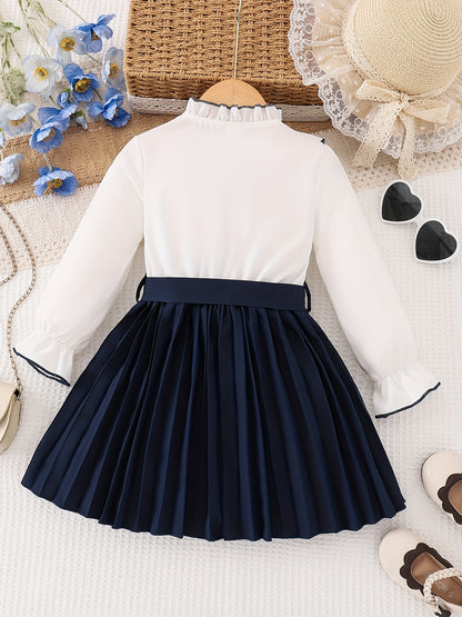 Girls' Preppy Half-Zip Long Sleeve Dress with Bow Belt
