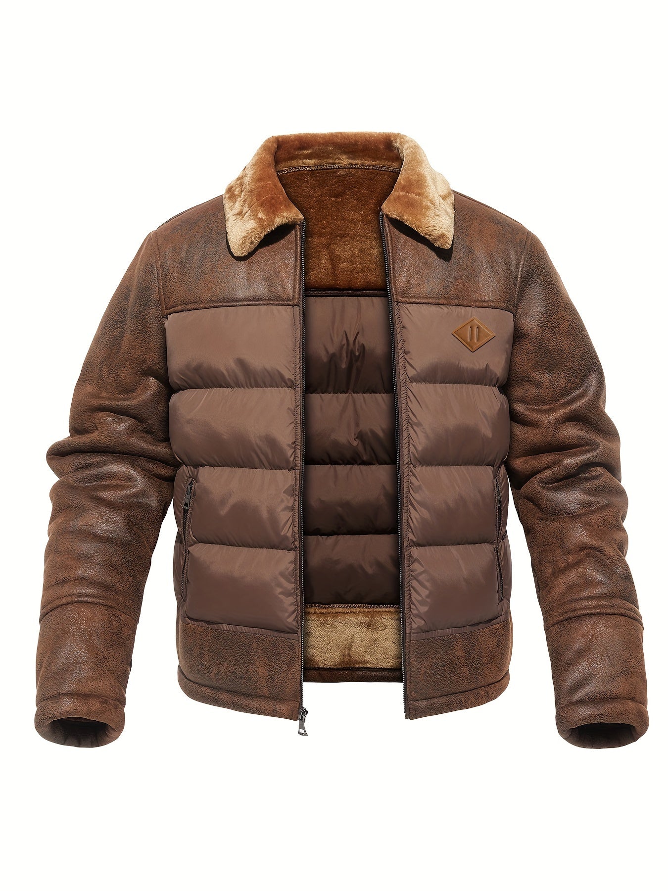 Տղամարդու առօրյա բաճկոն՝ արհեստական ​​մորթուց օձիքով, 100% պոլիեսթեր, միագույն, երկար թևքերով, կայծակաճարմանդով, սովորական չափսերով, գործվածքով, 60 գ/մ² աստառով արշավային բաճկոն