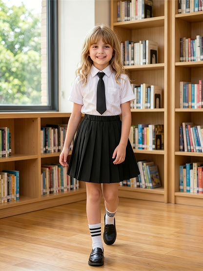Girls' Summer Preppy Uniform Set with Pleated Skirt and Short Sleeve S