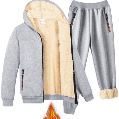 2pcs Boys' Fashion Fleece-Lined Thickened Jacket + Pants Set, Stylish Zip-Up Hoodie and Casual Sportswear Outfit for Autumn/Winter, Perfect Gift, Perfect for Outdoor, Autumn/winter Coat For Boy, Sportswear Suit For Boy, Boy C
