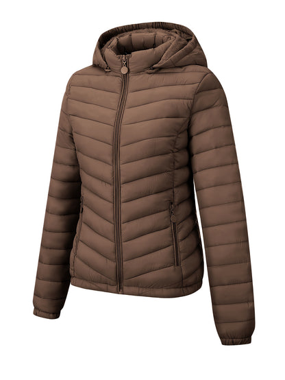 Կանացի թեթև, սև, գլխարկով ձմեռային բաճկոն՝ գրպաններով - Էլեգանտ երկար թևքերով վերնազգեստ, նեյլոնե նյութ, կայծակաճարմանդով դիզայն, իդեալական է առօրյա կամ ճանապարհորդության համար, ձմեռային վերարկուներ