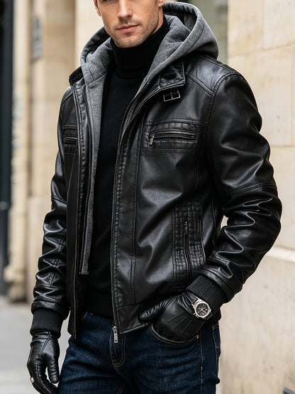 Men's Slim Fit Faux Leather Hooded Jacket for Fall Winter