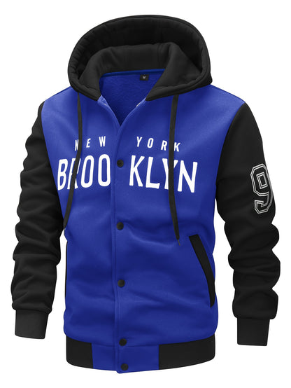 Men's 'BROOKLYN' Pattern Color Blocking Hooded Jacket, Casual Preppy Style Coat For Spring And Autumn Outdoors As Gift