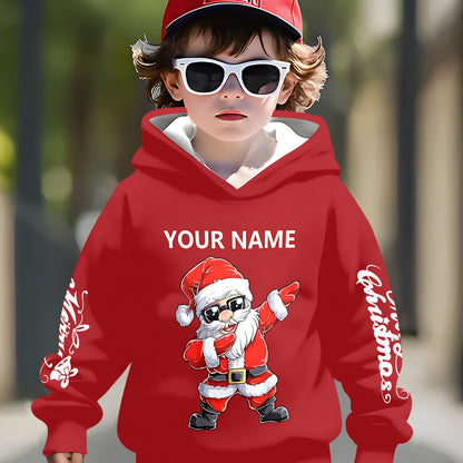 Customizable Christmas Hoodie for Boys - Personalized Name/Text, Santa Claus Graphic, Red & Holiday Sweatshirt, Long Sleeve Pullover for Birthday Party, New Year'S Eve - Machine Washable Kids Gift, Christmas Clothes, Festive
