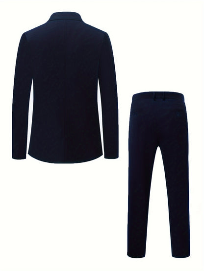 Men's Two-Piece Suit in Solid Color with Sealed Pockets, Regular Fit Suit Trousers, Elegant and Classic, Suitable for Business and Wedding Parties