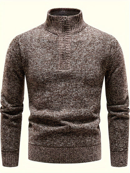Men's Fleece-Lined Warm Knit Sweater - Autumn/Winter, Solid Color with Stand Collar & Short Zipper Placket, Long Sleeve, Polyester - Ideal for Hiking, Cycling & Casual Attire, Winter Sweater