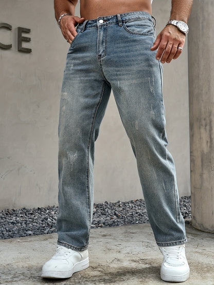 Men's Regular Fit Distressed Denim Jeans - Light Grey, Blend, Machine Washable, Year-Round Comfort & Style