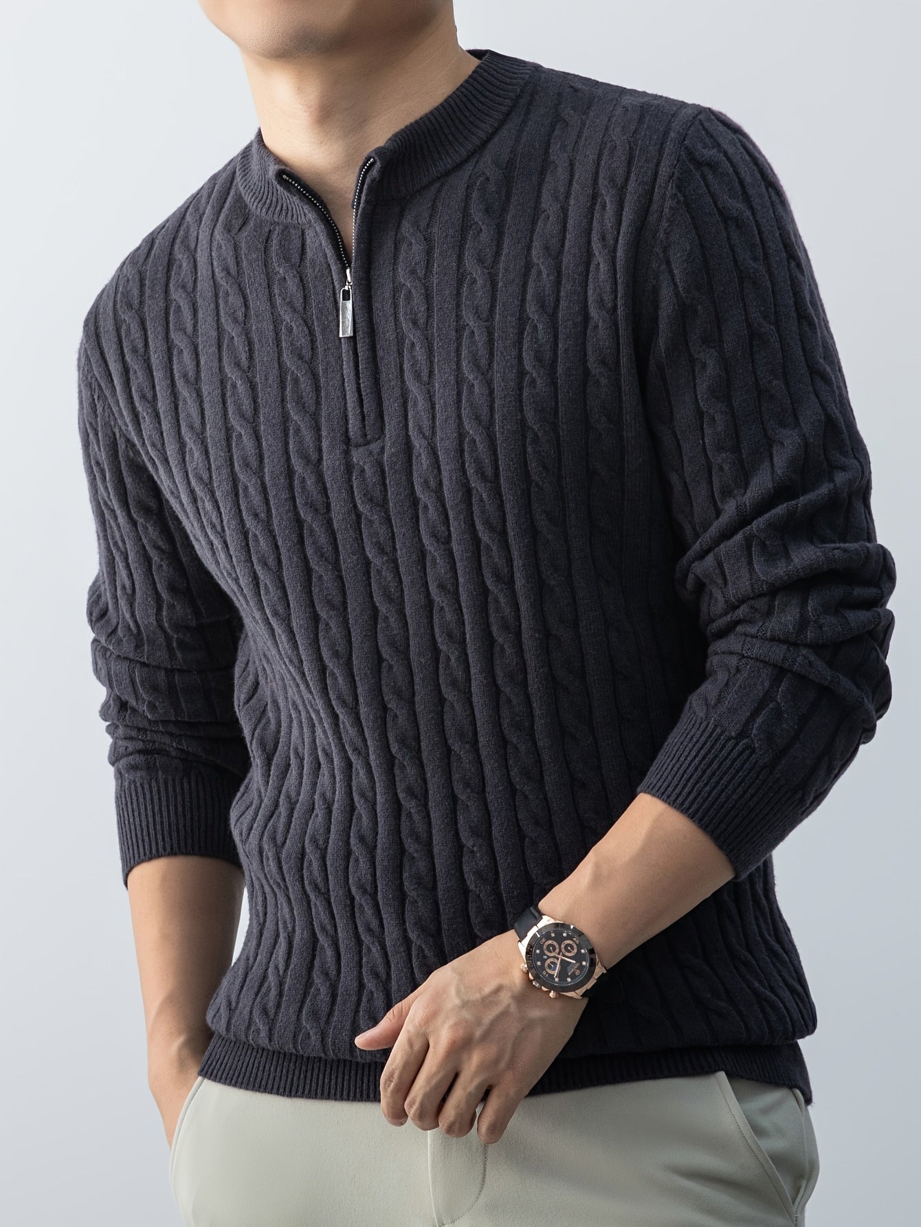 New Men'S Christmas Gift: a Thick, Warm, And Cold-Resistant Knitted Sweater with a Cable-Knit Design And a Zippered Collar, Suitable for Both Layering And Wearing Alone, Perfect for Casual And Versatile Outfits
