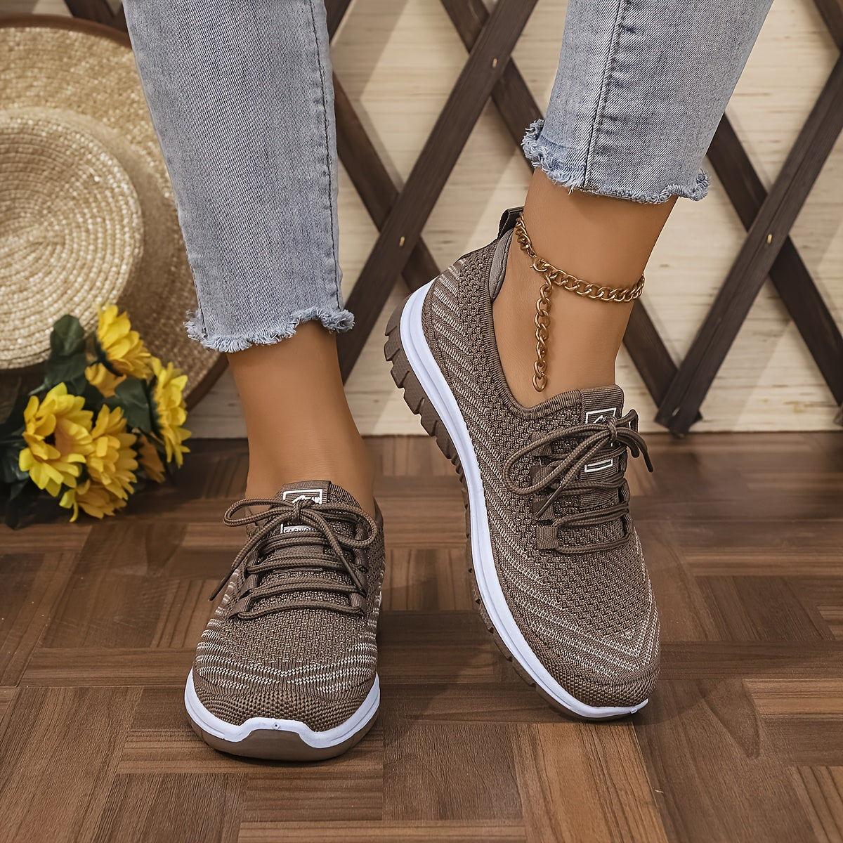 Women'S Knit Casual Sneakers - Stylish Striped Weave Pattern, Breathable Non-Slip Comfort Shoes with Rubber Sole for Outdoor Wear