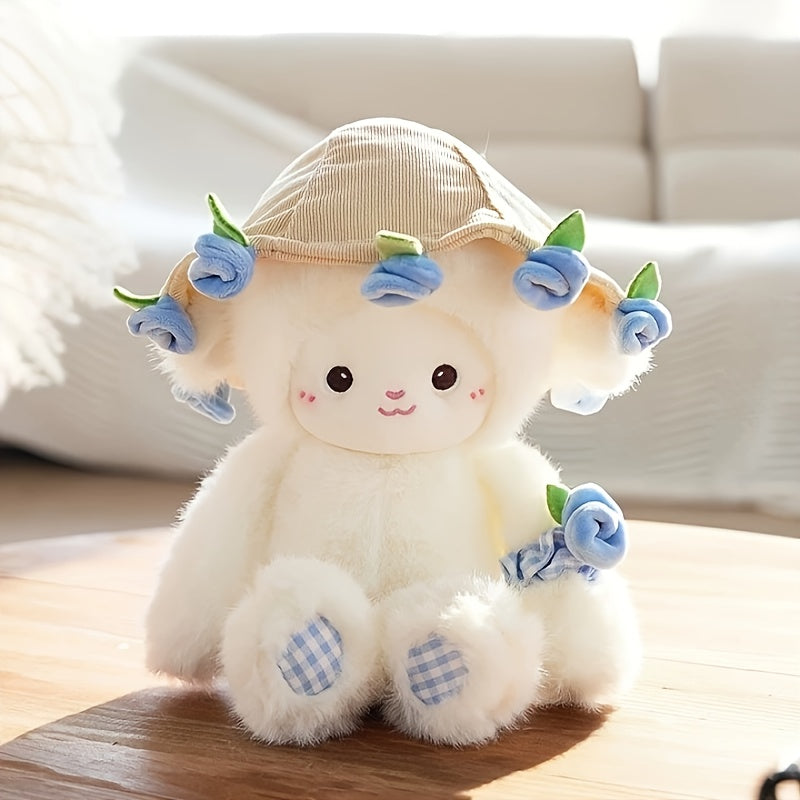 Adorable Plush Doll of a Cartoon Sheep Holding a Flower, Featuring a Fluffy Simulation Lamb Design. This Cute Kawaii Animal Plush Toy Makes a Perfect Birthday Gift