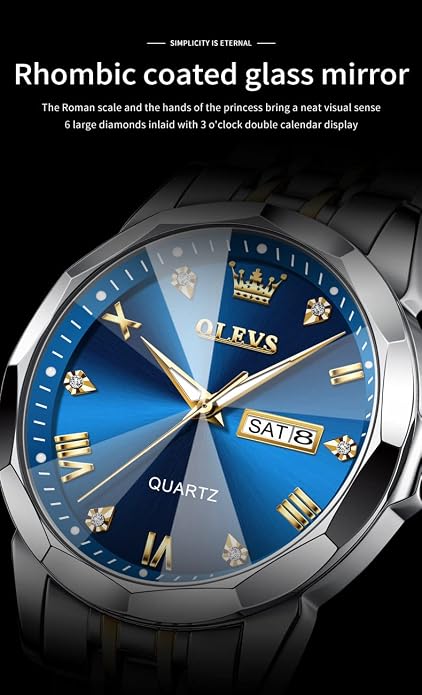 OLEVS Men's Two-Tone Luxury Analog Quartz Watch Blue
