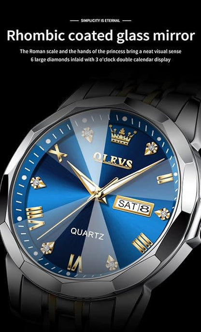 OLEVS Men's Two-Tone Luxury Analog Quartz Watch Blue