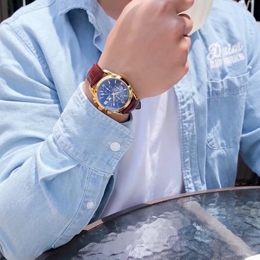 OLEVS Men's Casual Leather Chronograph Watch, Waterproof