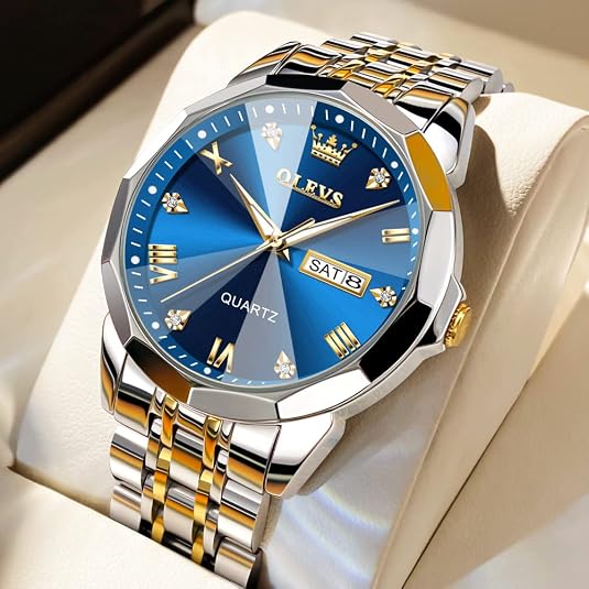 OLEVS Men's Two-Tone Luxury Analog Quartz Watch Blue