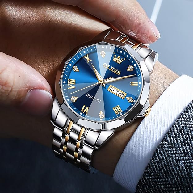 OLEVS Men's Two-Tone Luxury Analog Quartz Watch Blue