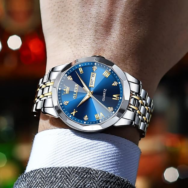 OLEVS Men's Two-Tone Luxury Analog Quartz Watch Blue
