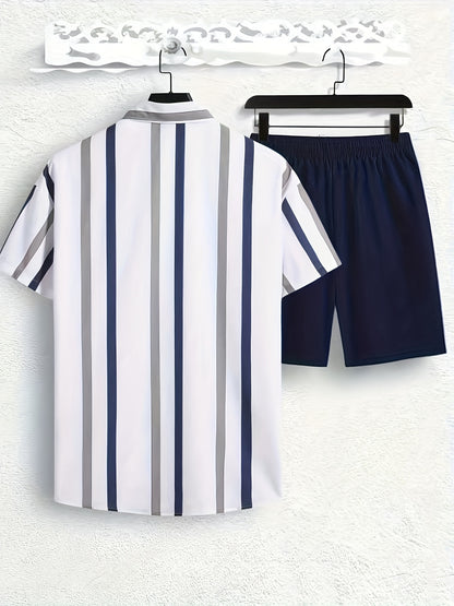 Men's Summer Casual Set: Striped Short-Sleeve Shirt & Beach Shorts