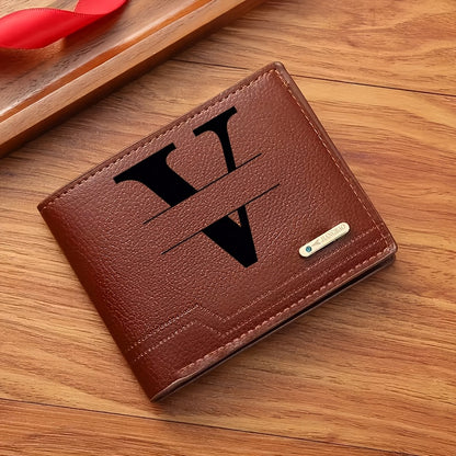 1pc Men's Business Style Faux Leather Wallet, Customizable Text and Initials, Solid Color Faux Leather with Contrast Accents, Compact Short Bifold Design for Easy Carrying - Perfect Birthday Gift for Boyfriend and Father, Per