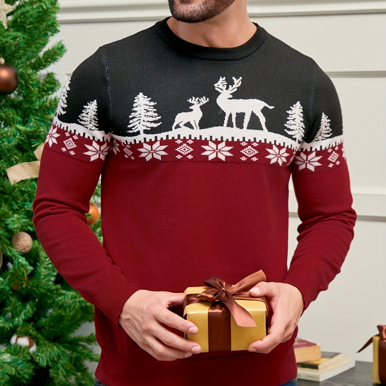 Men's Red/White/Navy Blue Christmas Sweater Sweater Vest-like Long Sleeve Pullover - Reindeer & Pine Tree Pattern, H-Fit Winter Party Outfit, Machine Washable Holiday Sweater for Xmas (No Belt/Tie)