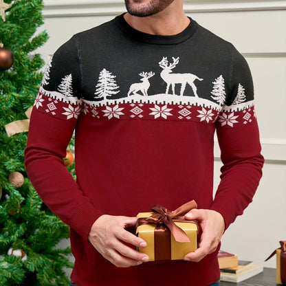 Men's Red/White/Navy Blue Christmas Sweater Sweater Vest-like Long Sleeve Pullover - Reindeer & Pine Tree Pattern, H-Fit Winter Party Outfit, Machine Washable Holiday Sweater for Xmas (No Belt/Tie)