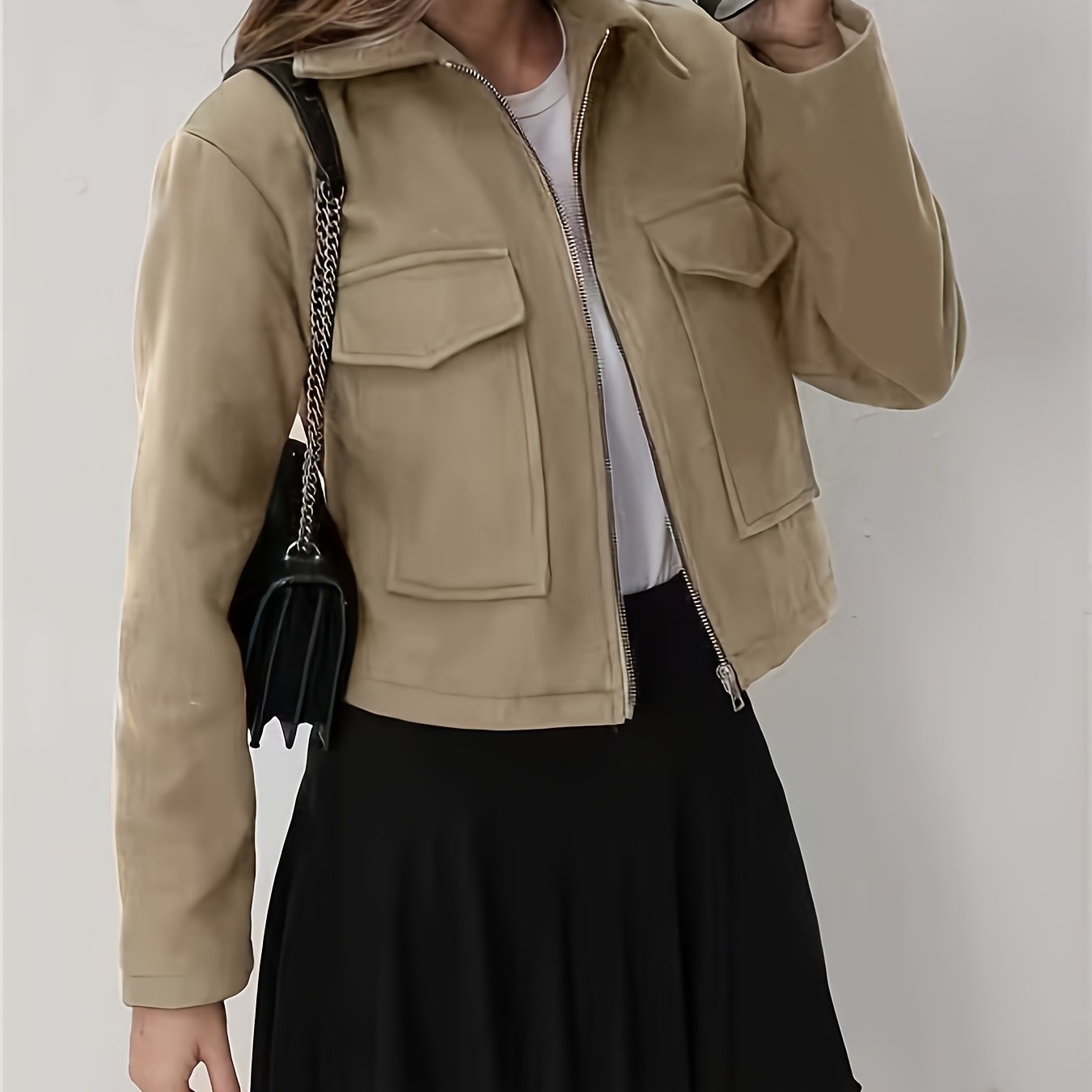 Women'S Olive Green Bomber Jacket with Zipper Front, Long Sleeves, and Pockets - Casual Style, All-Season Wear, Polyester Blend, Machine Washable, Casual Outerwear | Zippered Jacket | Polyester Blend Jacket, High Neck Hoodie/