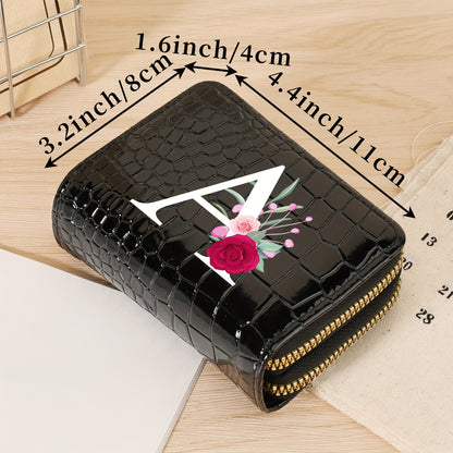 Minimalist Women'S Short Wallet Featuring a Double Zipper Design, with a Crocodile A-Z Letter Pattern. This Stylish Handbag Also Serves As a Fashionable Coin Wallet, Perfect for Travel, Back-To-School, Or Parties.