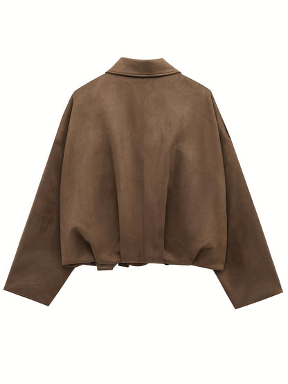 Կանացի վինտաժային բոմբեր բաճկոն - ազատ չափի երկար թևքով, կայծակաճարմանդով և իջեցված ուսերով, շագանակագույն առօրյա վերնազգեստ աշուն/ձմեռ համար, չձգվող գործվածք, իդեալական է առօրյա հագուստի համար, աշուն-ձմեռ բաճկոն | Վինտաժային բոմբեր ոճ | Zipp