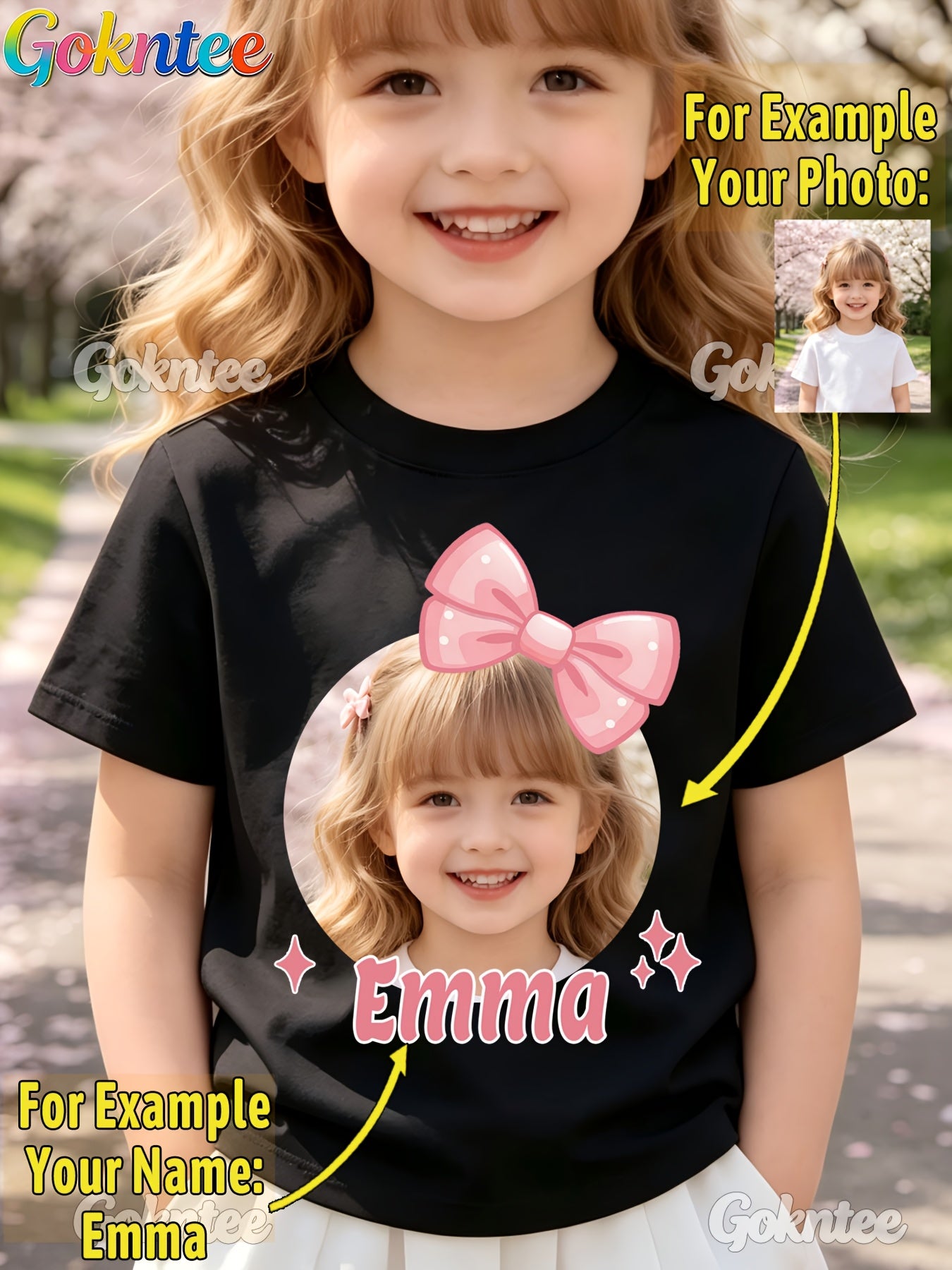 Girls' Personalized Cartoon T-Shirt with Pink Bow, Crew Neck