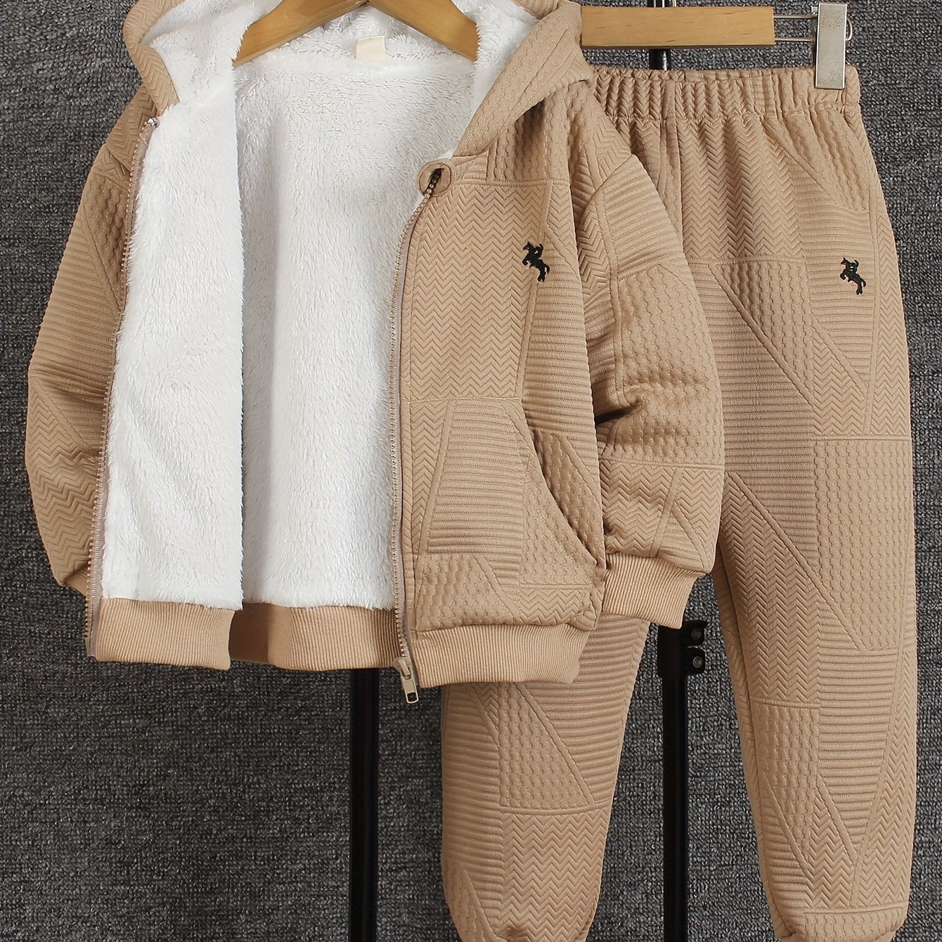 Cozy Fleece Zip-Up Hoodie & Pants Set - Beige Geometric Pattern, Long Sleeve Casual Winter Outfit with Pockets, Elastic Waistband, and Button-Up Front, Perfect for Fall/Winter, Cozy Clothing | Playful Design | Elastic Waistba
