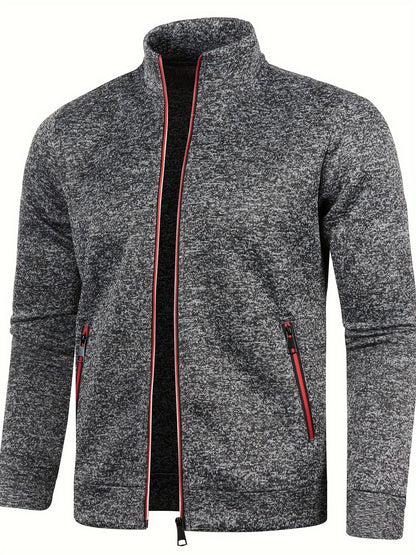 Elegant Mid Stretch Cardigan, Men's Casual Full Zip Up Cardigan Sweater Coat For Fall Winter