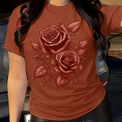Women's Light Blue Yellow Rose Print T-Shirt - Short Sleeve Crew Neck Casual Top with Medium Stretch, Machine Washable & Breathable Fabric for All-Season Comfort, Relaxed Style, Graphic Tee, Stretchy Material, Printed Shirt,