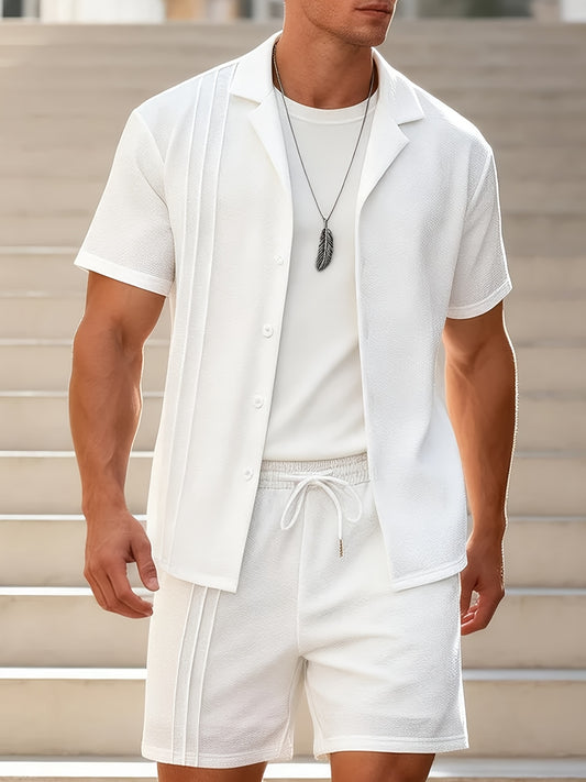 Men's Summer White Textured Short Sleeve Shirt & Shorts Set