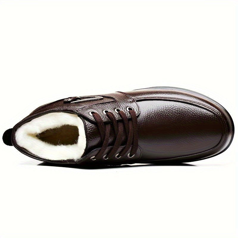 Տղամարդկանց իսկական կաշվե ձմեռային ձնագնացքներ - Կարճ կոճակոշիկներ ռետինե ներբանով, ցրտի դիմացկուն կոշիկներ սառույցի և ձյան համար, ամուր ճկունություն (հասանելի է լայն չափս) - Իդեալական է դահուկի համար և բացօթյա գործունեության համար (ոչ)