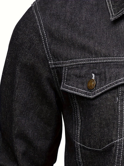 Men's Chic Washed Denim Jacket, Casual Street Style Button Up Contrast Stitching Jacket For Fall Winter