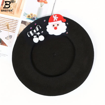 1pc Women'S 100% Wool Christmas Beret Hat with Santa Hat & Snowflake Bow - Lightweight Warm Winter Cap for Holiday Parties, Christmas Gifts, Durable Headgear, Festive Headwear, Party Headwear, New Year'S Eve - Hand Washable (