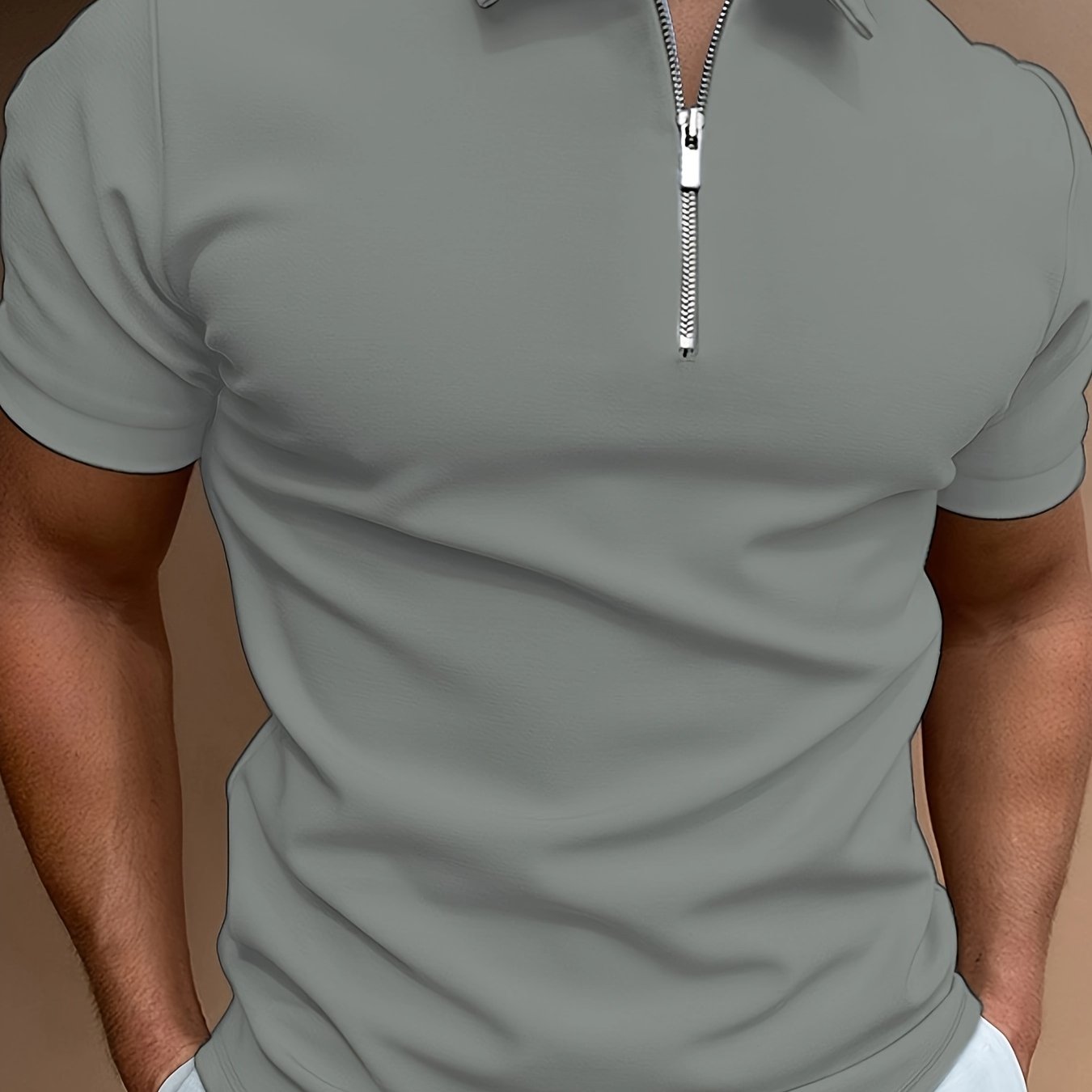 [Golf Apparel] Men's Classic White Shirt - Casual Summer Style with Short Sleeves, Zipper Collar, and Stretch Polyester Fabric - Perfect for Streetwear & Golf