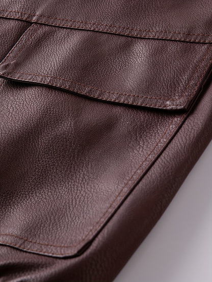 Men'S Faux Leather Bomber Jacket with Fleece Lining - Casual Motorcycle Style, Zip-Up, Long Sleeve, Drop Shoulder, Polyester Lining, Regular Fit, Outdoor & Hiking Wear, Outdoor Jacket | Bomber Jacket | Polyester Lined Jacket