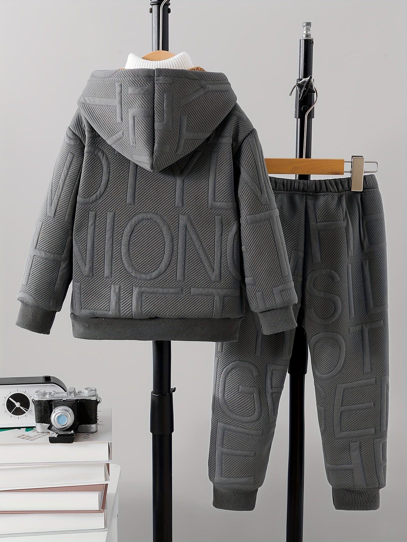 DONABEBE ' 2pcs Winter Jacket & Pants Set - Full-Zip Hooded Coat with Fleece, Matching Letter Logo Pants, Warm Casual Outfit for Cold Weather, Cozy 2pcs Clothes (Hand Washable), Perfect for Outdoor