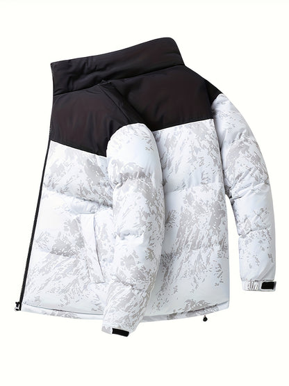 Men's Winter Jacket Windproof Coat with Stand Collar & Camo Marbled Pattern (Black/White/Grey) - Thickened Padded, Full-Zip Closure, for Skiing,, Outdoor Activities - Cold Weather Survival