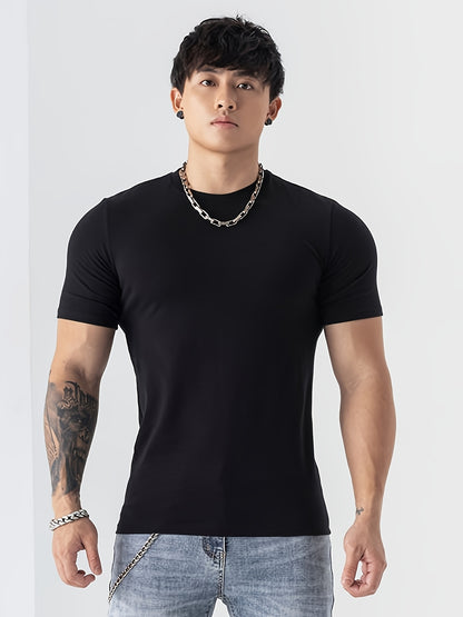 Men's Summer Athletic T-Shirt - Moisture-Wicking Stretch Fabric Slim Fit Round Neck Short Sleeve Tee for Gym, Running, Training - Solid Color Black, Gym Apparel   Machine Washable Top, Gym Shirts