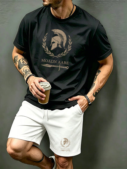 Men's Summer Short Sleeve T-Shirt and Shorts Set with Spartan Helmet P