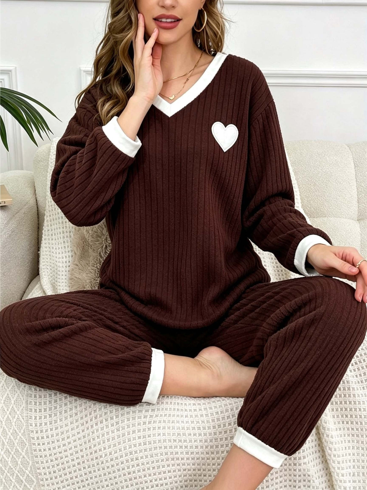 Women’s Casual Fall/Winter V-Neck Ribbed Loungewear Set - ayq