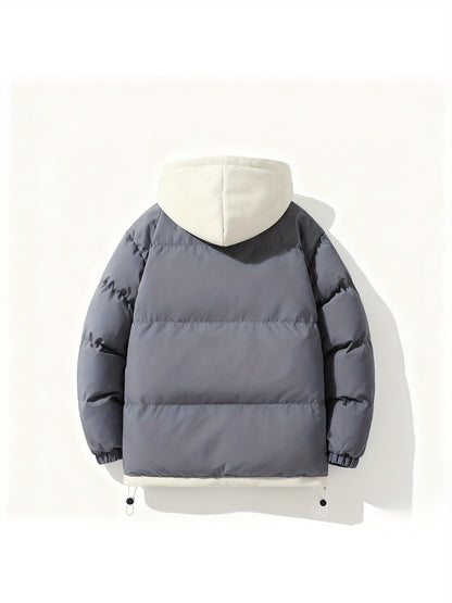 Men's Autumn and Winter Casual Fashion Faux Two-Piece Outerwear, Trendy Thickened Warm Comfortable Hooded Jacket