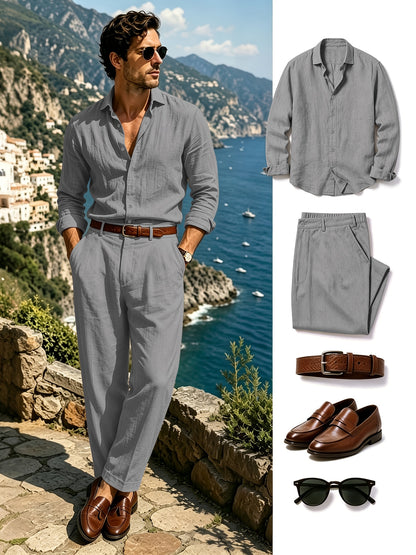 Men's Lightweight Linen Long-Sleeve Shirt & Pants Set for Spring/Fall