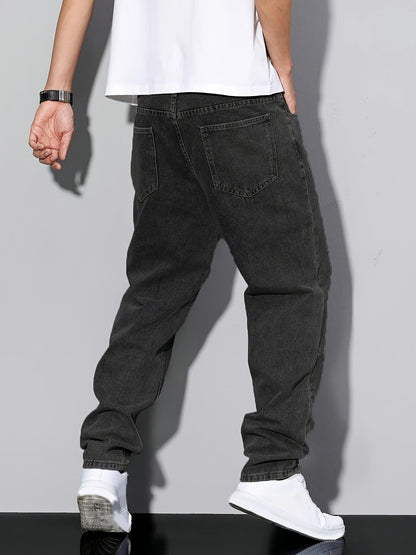 Men's Classic Straight Leg Denim Jeans - Loose Fit, Cotton Blend, Solid Color Black, Street Style, Comfortable & Versatile for All Seasons, Casual Streetwear|Street Style Pants|Nonstretch Fabric