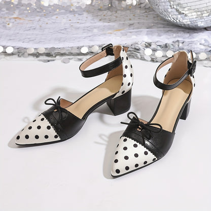 Women'S Sexy Polka Dot Mary Jane Pumps with Bow Detail - Pointed Toe, Block Heel, Ankle Strap, Summer Fashion Show Shoes, Hollow Design, Synthetic Cover  Rubber Sole, Summer Fashion Shoes   Polka Dot Pattern   Rubber Sole Fo